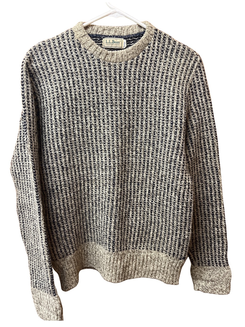 L.L. Bean Women’s Two-Tone Crewneck Sweater in Beige and Navy